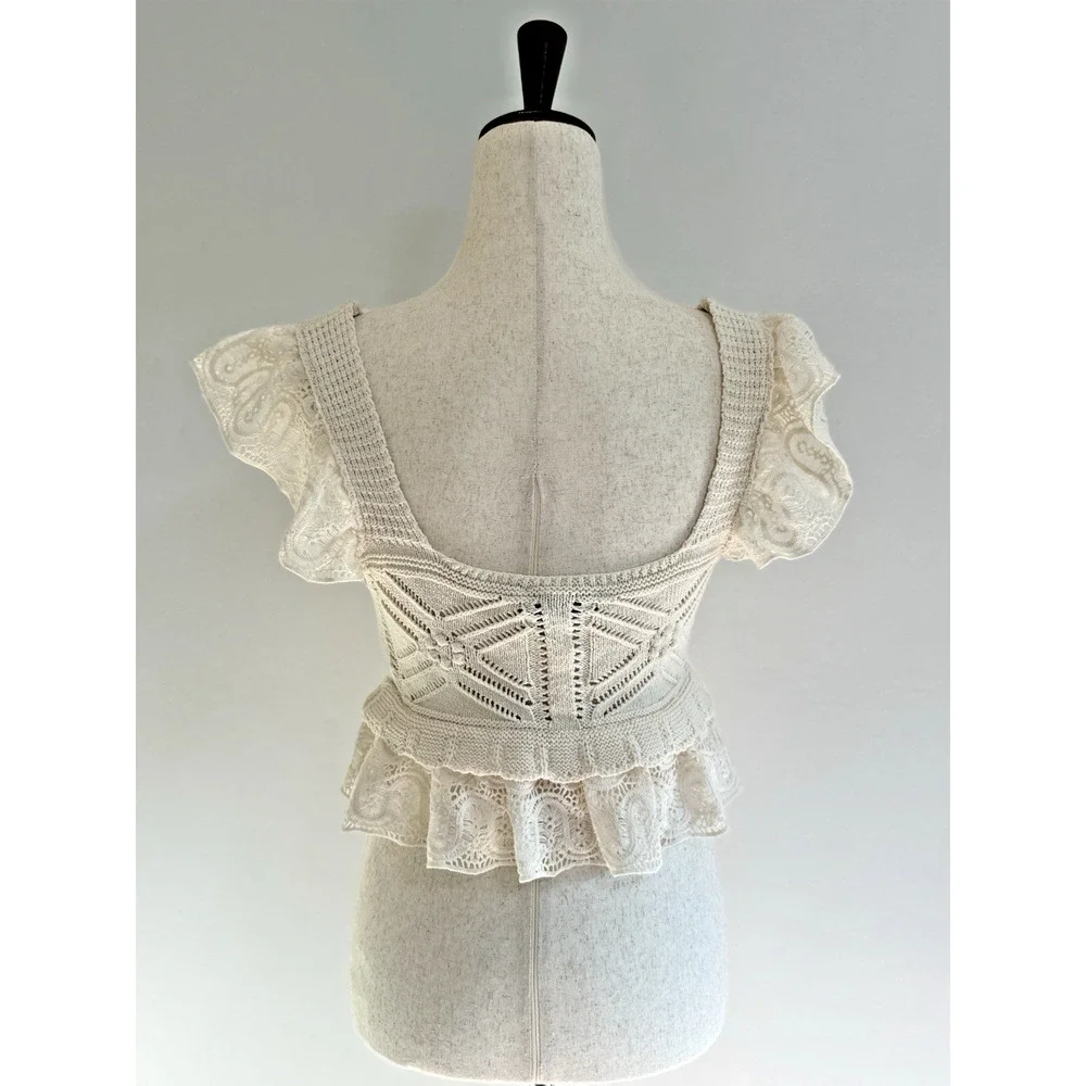 Zara Cream Crochet Tank Size Small Ruffle Sleeve Peplum Crop Style Cream Ivory